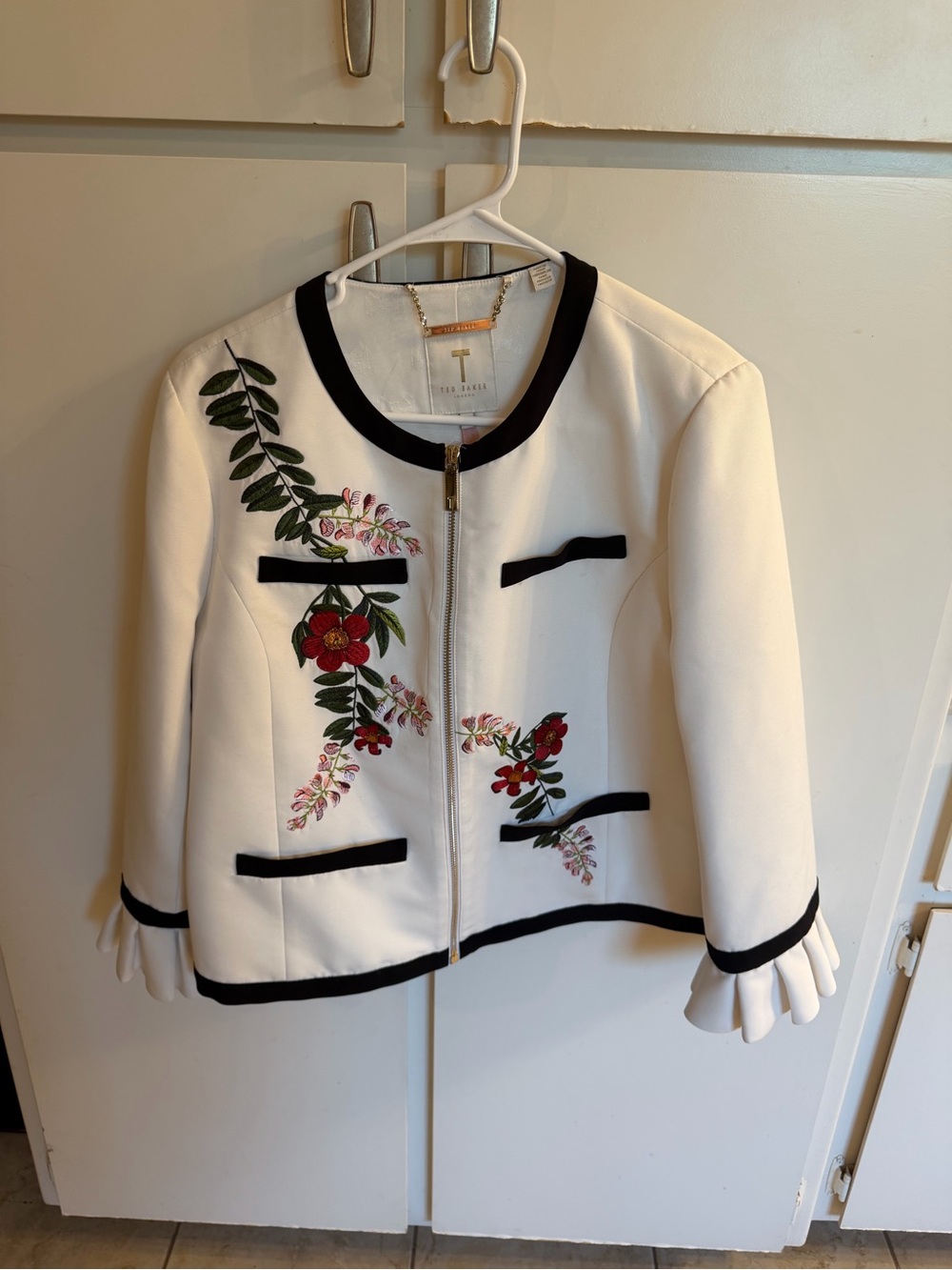Ted Baker White Embroidered Zip-Front Blazer with Black Trim